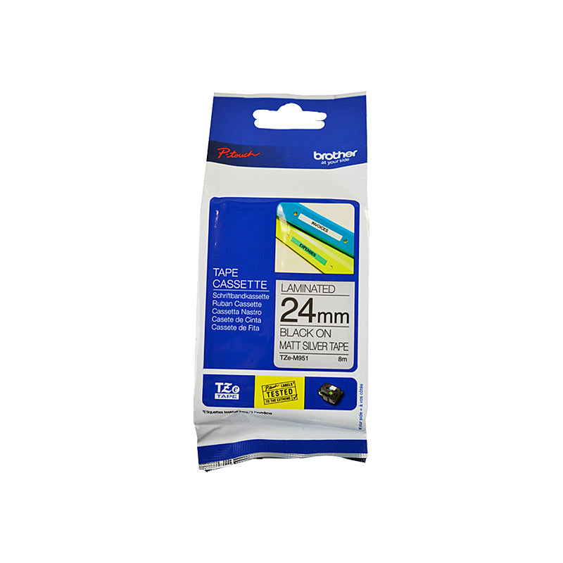brother-tzem951-labelling-tape-24mm-black-on-silver-matte-tze-tape www.mallsonline.com.au