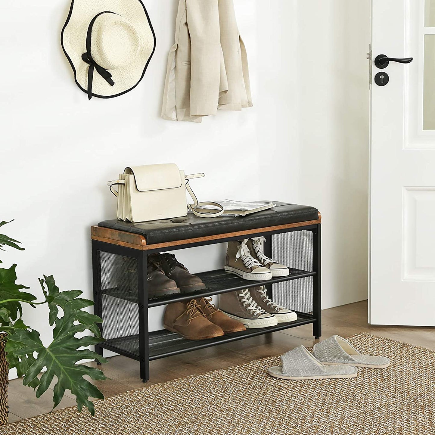 shoe-bench-with-mesh-shelf-and-faux-leather-vintage-brown-black-80-x-30-x-48-cm at www.mallsonline.com.au