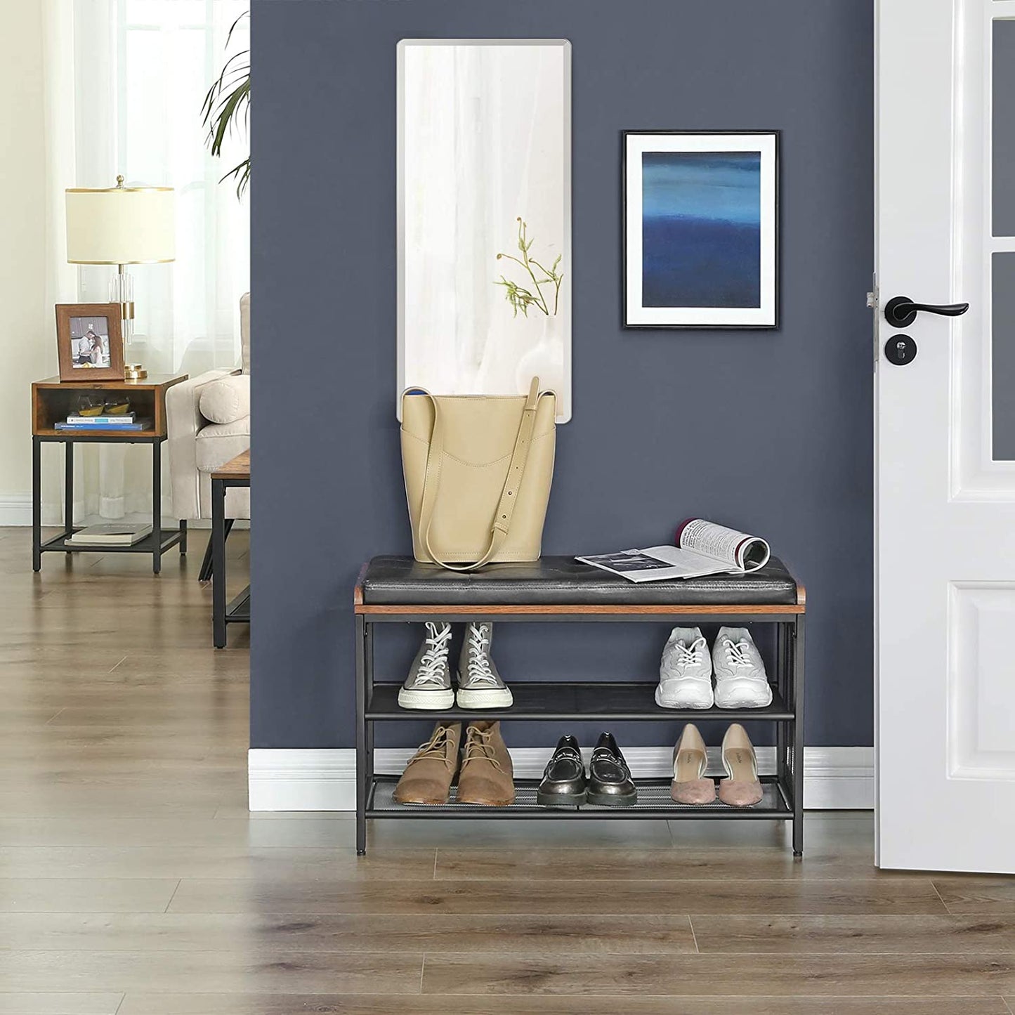 shoe-bench-with-mesh-shelf-and-faux-leather-vintage-brown-black-80-x-30-x-48-cm at www.mallsonline.com.au
