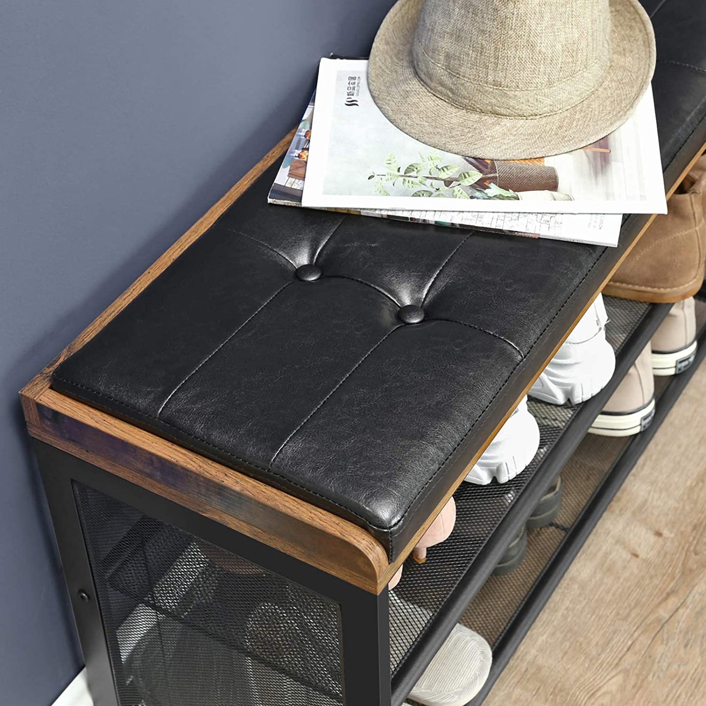 shoe-bench-with-mesh-shelf-and-faux-leather-vintage-brown-black-80-x-30-x-48-cm at www.mallsonline.com.au