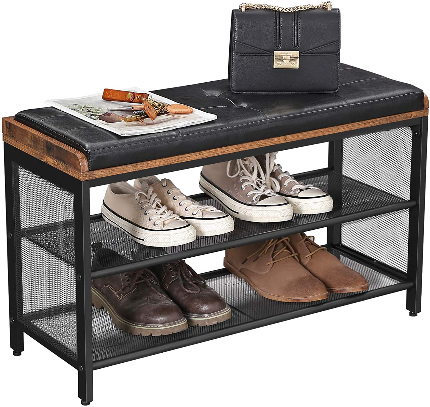 shoe-bench-with-mesh-shelf-and-faux-leather-vintage-brown-black-80-x-30-x-48-cm at www.mallsonline.com.au