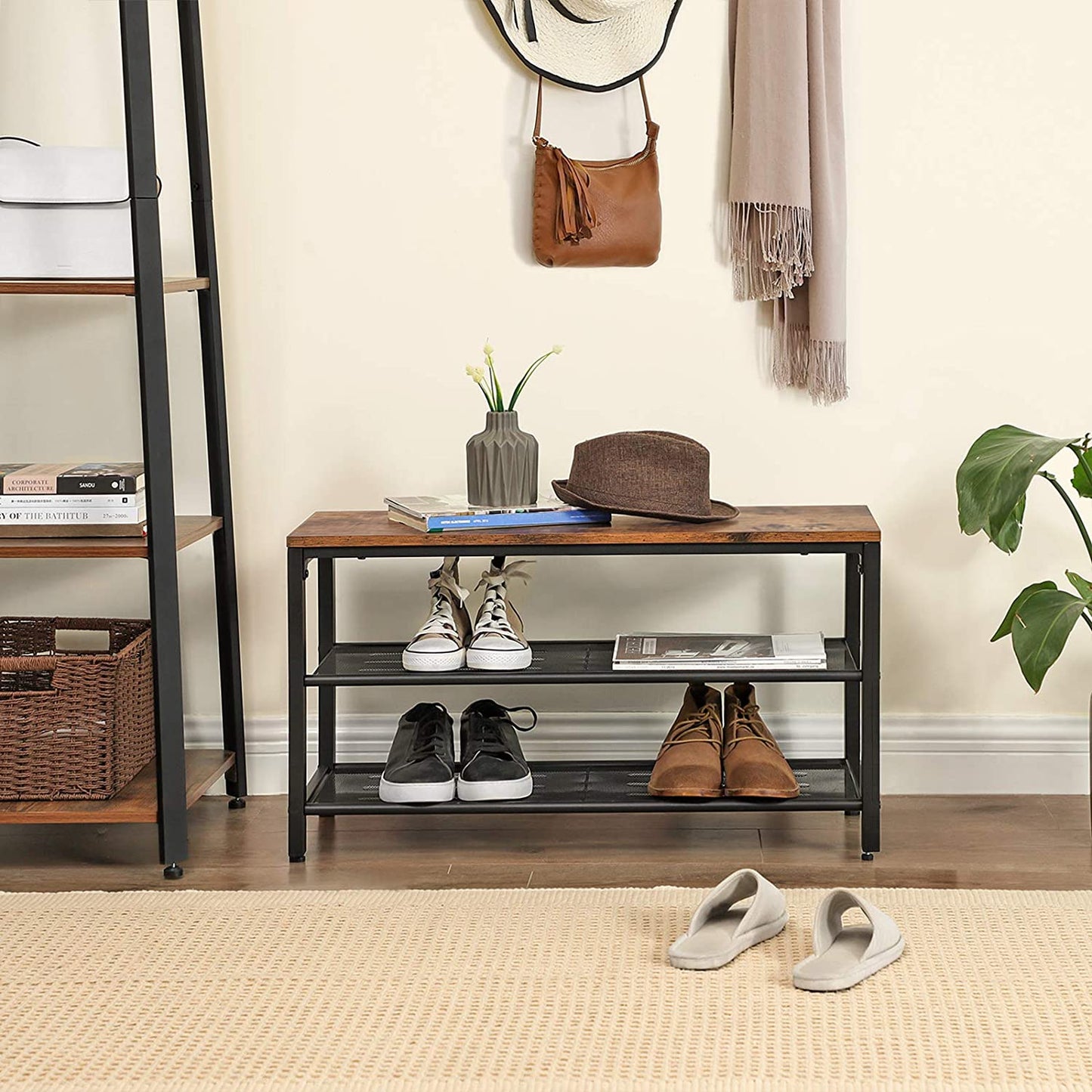 shoe-rack-with-2-mesh-shelves-rustic-brown-and-black at www.mallsonline.com.au