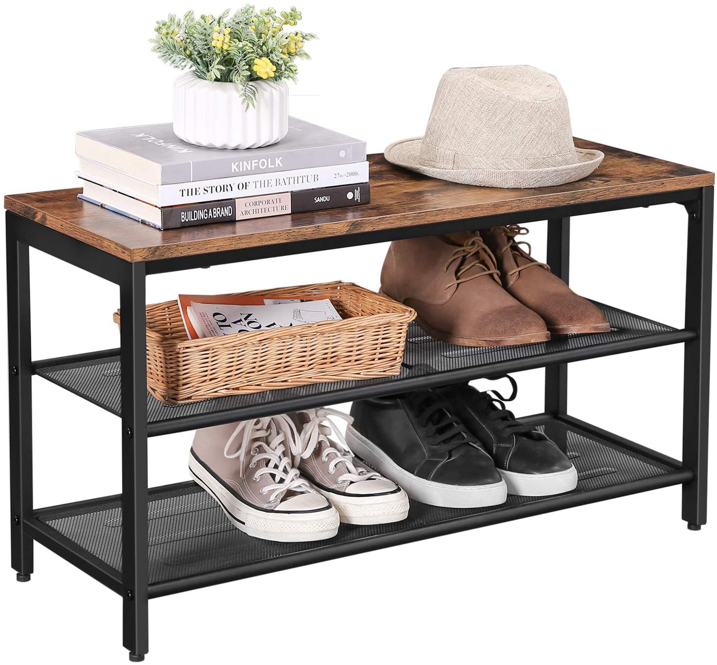 shoe-rack-with-2-mesh-shelves-rustic-brown-and-black at www.mallsonline.com.au