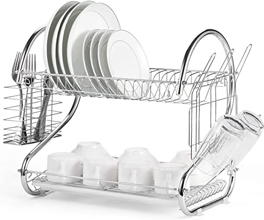 2-tier-dish-rack-with-drain-board-for-kitchen-counter-and-plated-chrome-dish-dryer-silver-42-x-25-5-x-38-cm www.mallsonline.com.au