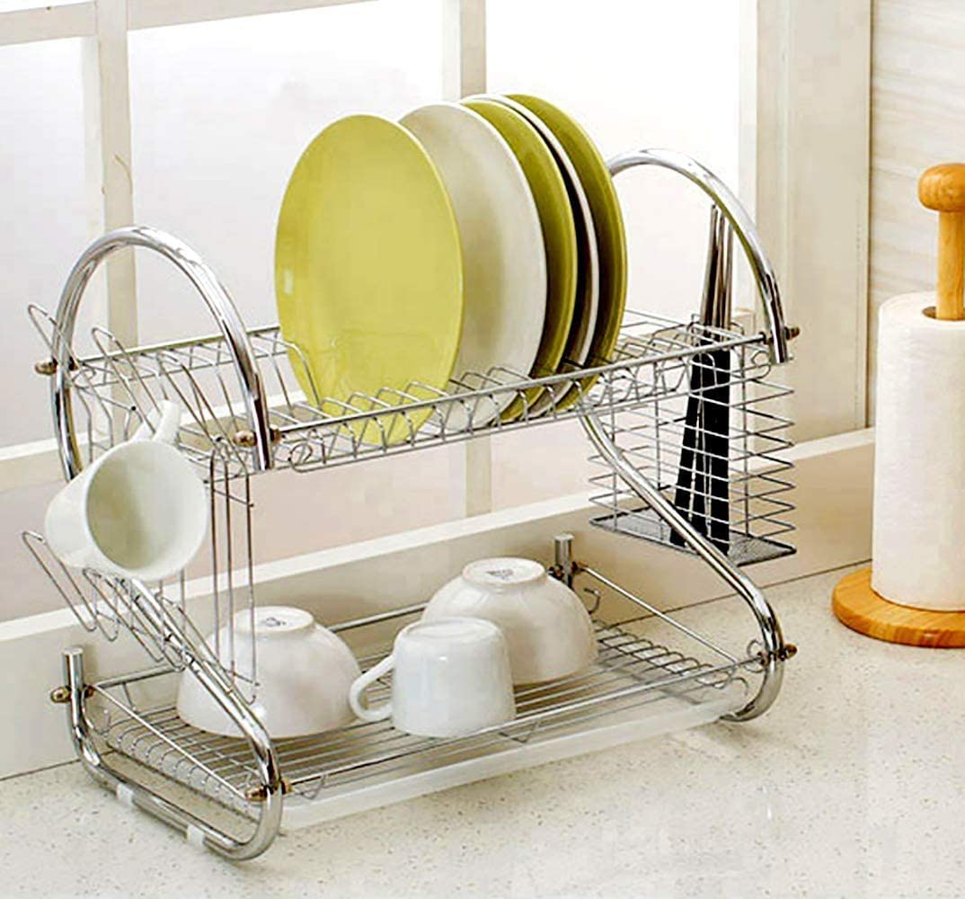 2-tier-dish-rack-with-drain-board-for-kitchen-counter-and-plated-chrome-dish-dryer-silver-42-x-25-5-x-38-cm www.mallsonline.com.au