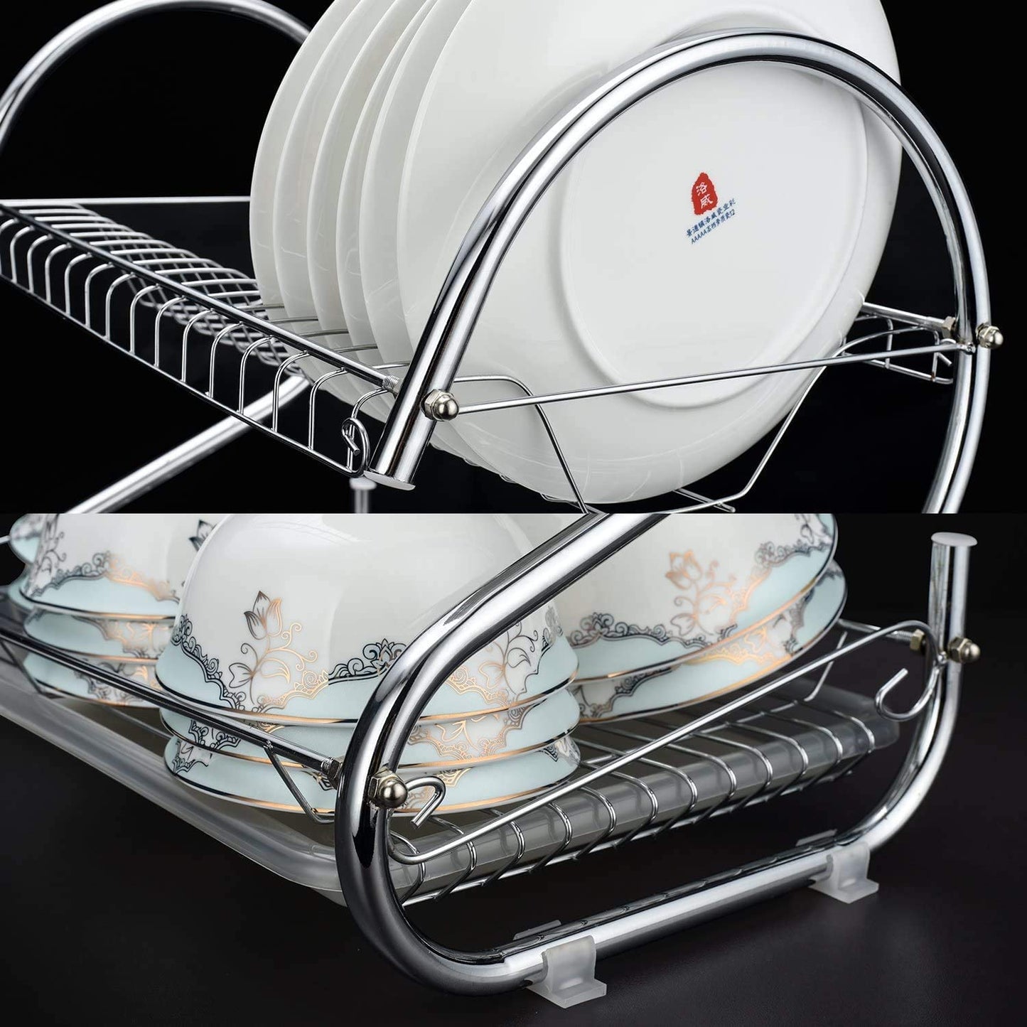 2-tier-dish-rack-with-drain-board-for-kitchen-counter-and-plated-chrome-dish-dryer-silver-42-x-25-5-x-38-cm www.mallsonline.com.au