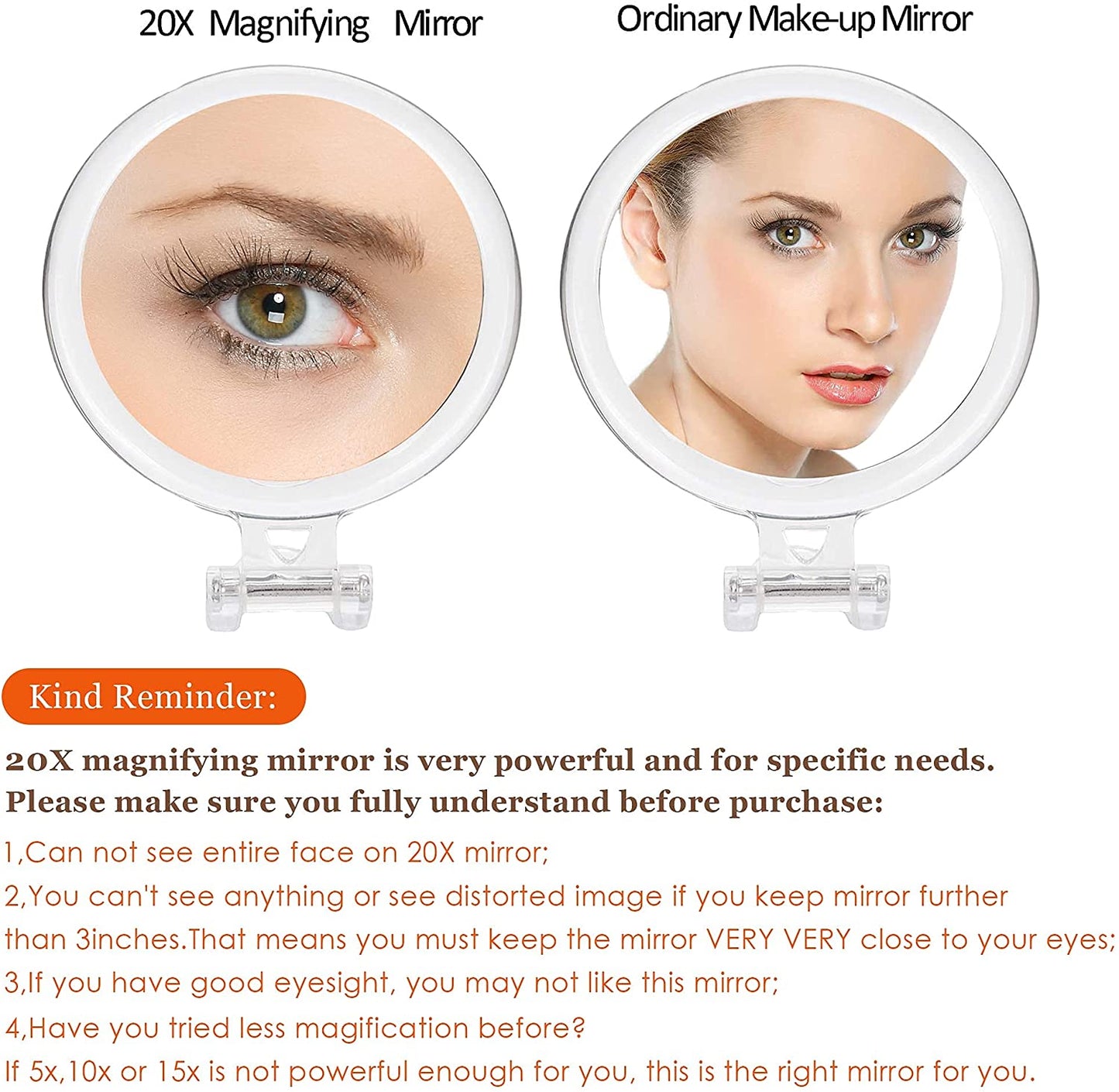 20X Magnifying Hand Mirror Two-Sided Use for Makeup Application, Tweezing, and Blackhead/Blemish Removal (15 cm)