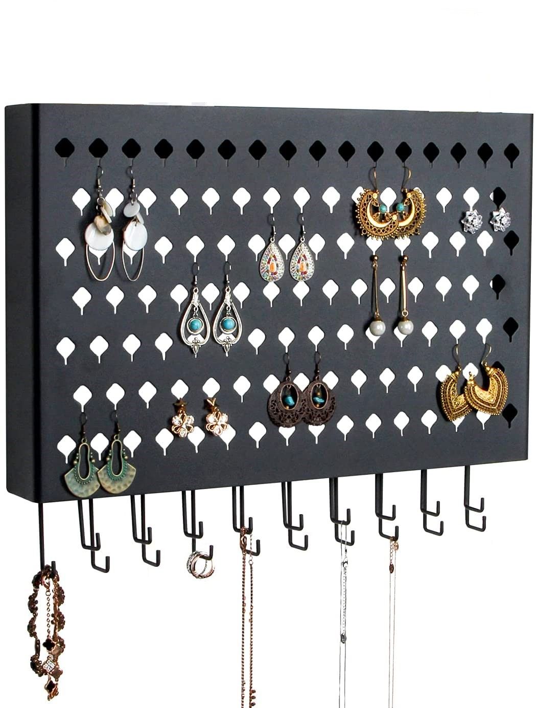 wall-mount-earring-jewelry-hanger-organizer-holder-with-109-holes-and-19-hooks-black www.mallsonline.com.au