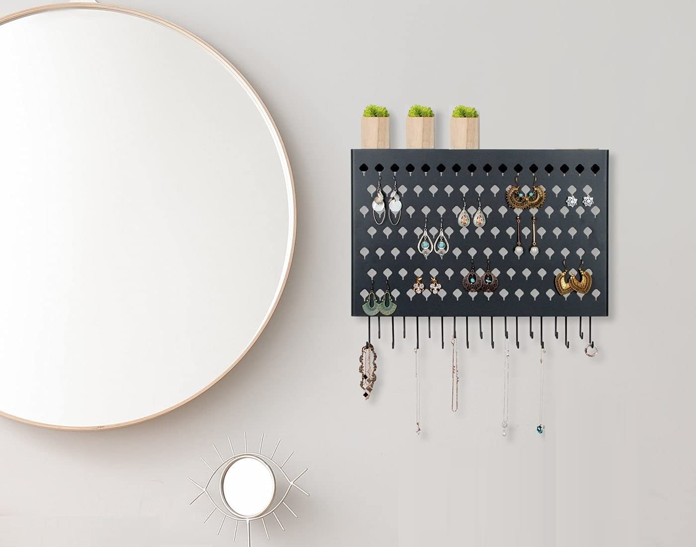 wall-mount-earring-jewelry-hanger-organizer-holder-with-109-holes-and-19-hooks-black www.mallsonline.com.au