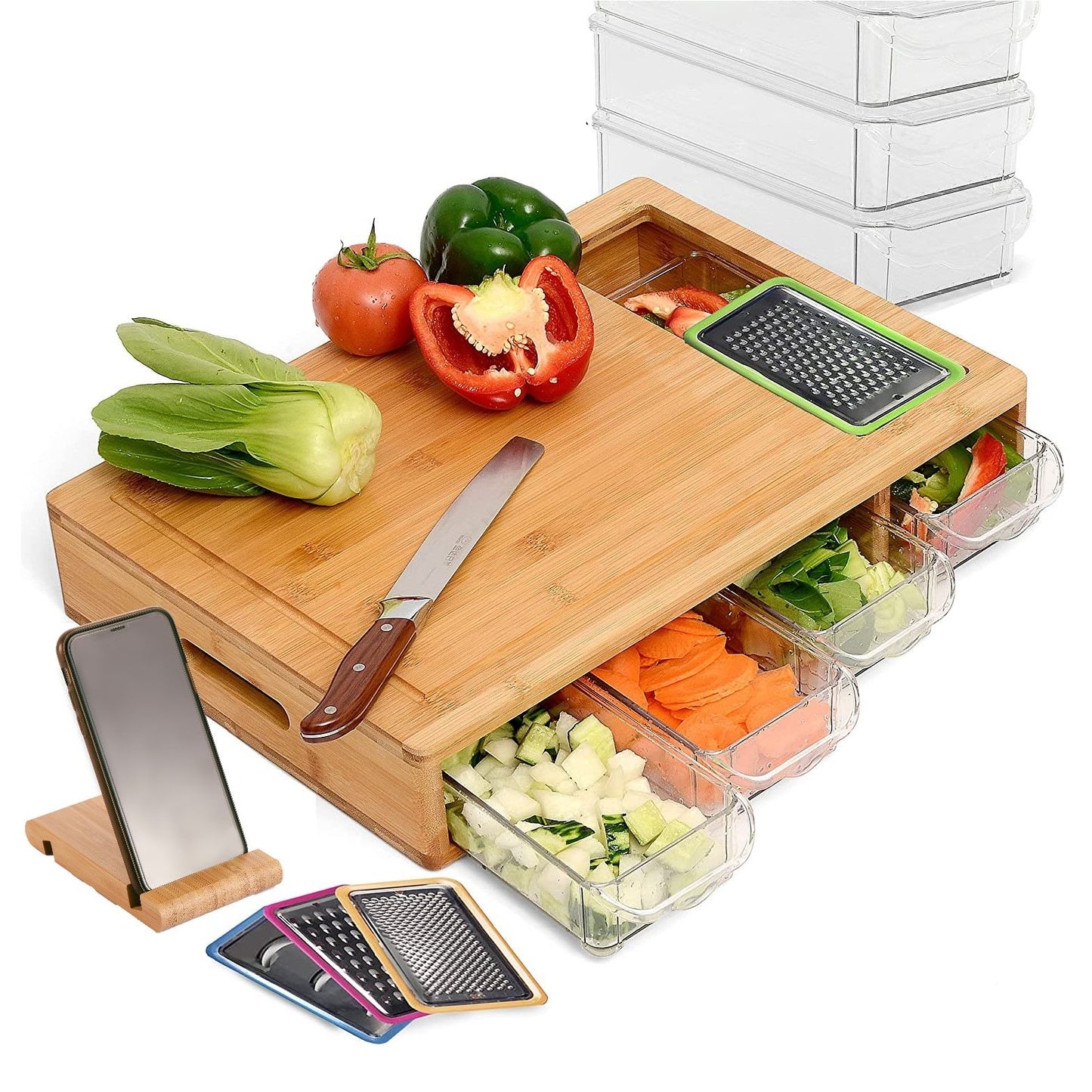 large-bamboo-cutting-board-and-4-containers-with-mobile-holder-gift-included-for-home-kitchen at www.mallsonline.com.au