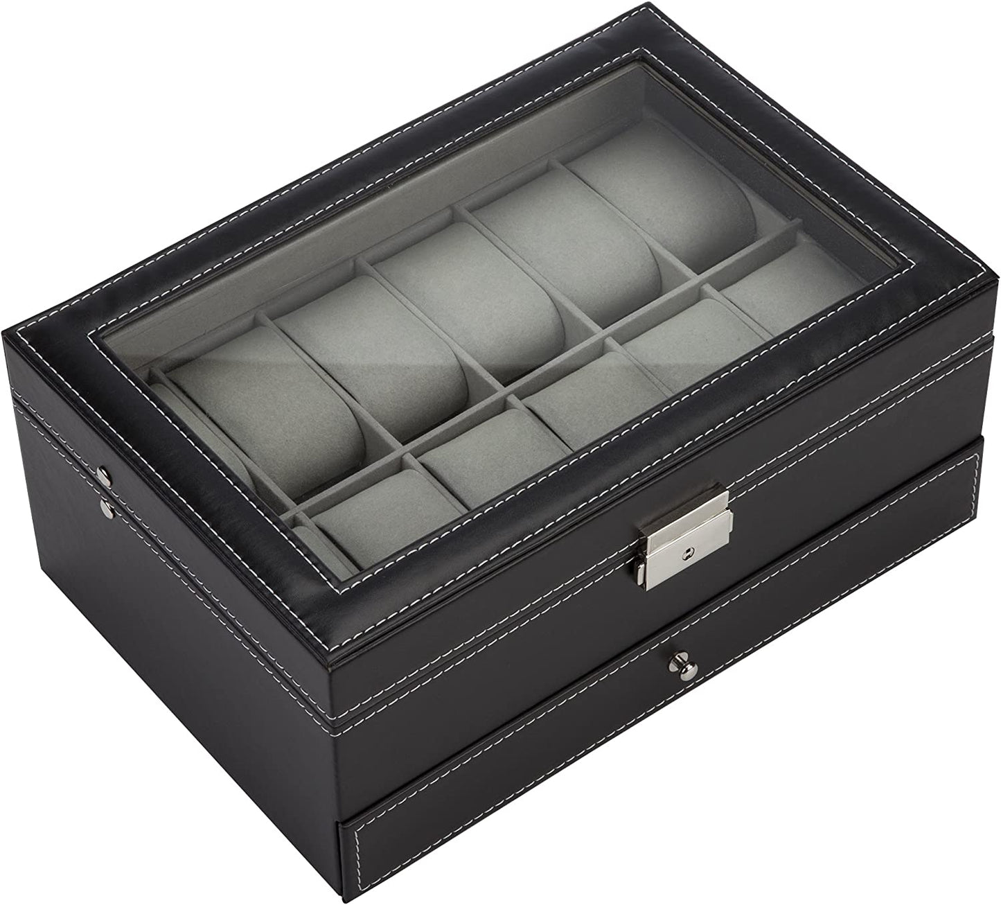 black-leather-watch-box-jewelry-display-case-with-drawers-12-slots-with-2-layers www.mallsonline.com.au