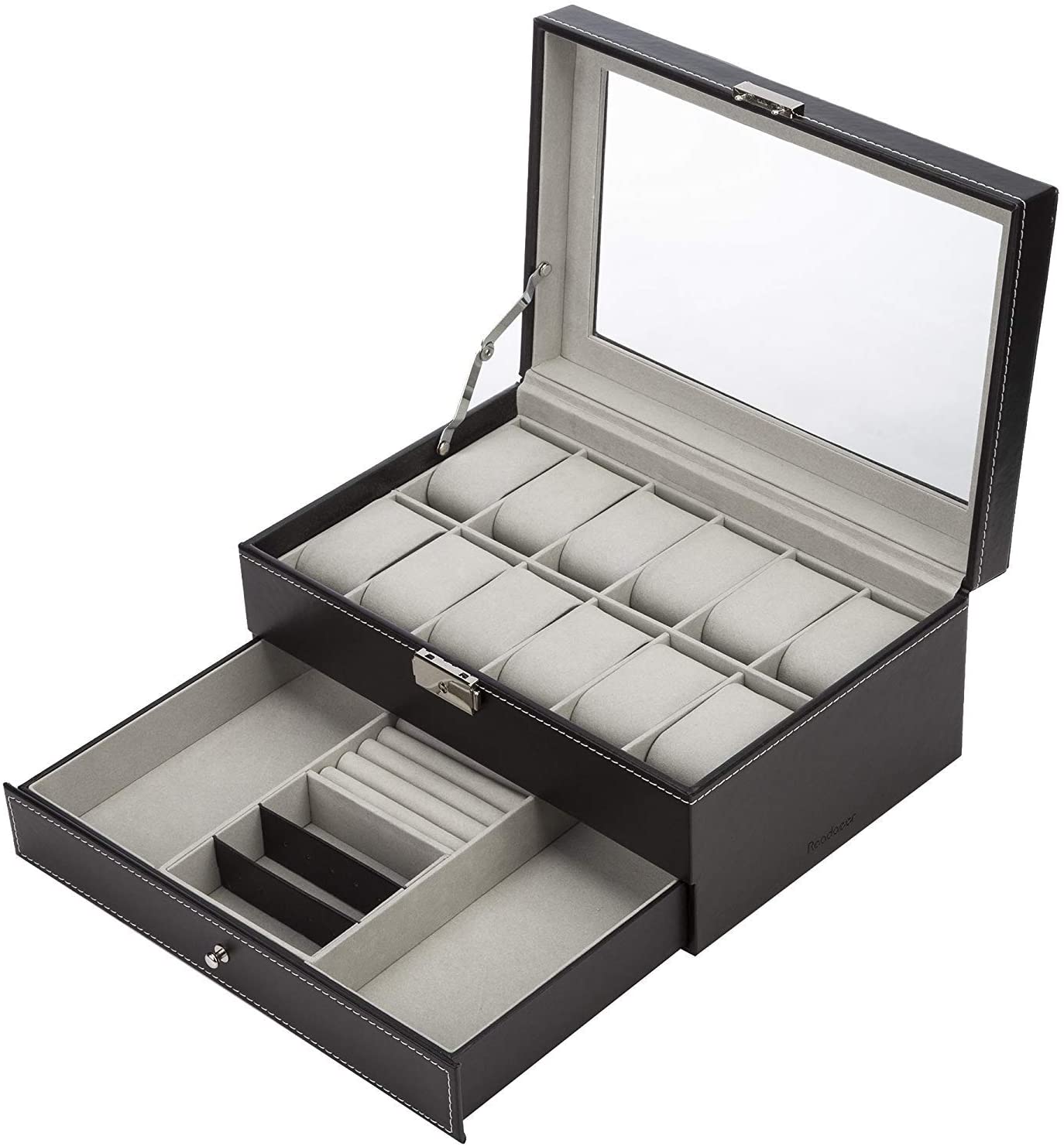 black-leather-watch-box-jewelry-display-case-with-drawers-12-slots-with-2-layers www.mallsonline.com.au