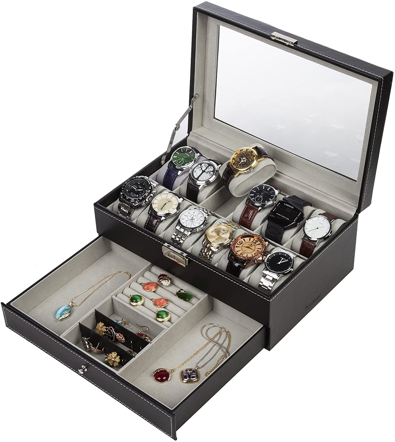 black-leather-watch-box-jewelry-display-case-with-drawers-12-slots-with-2-layers www.mallsonline.com.au