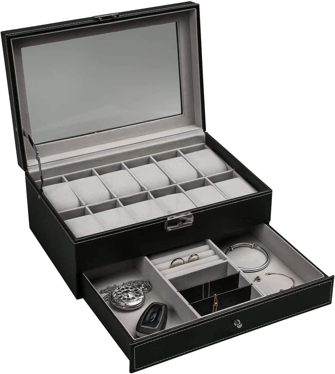 12-slot-pu-leather-lockable-watch-and-jewelry-storage-boxes-black at www.mallsonline.com.au