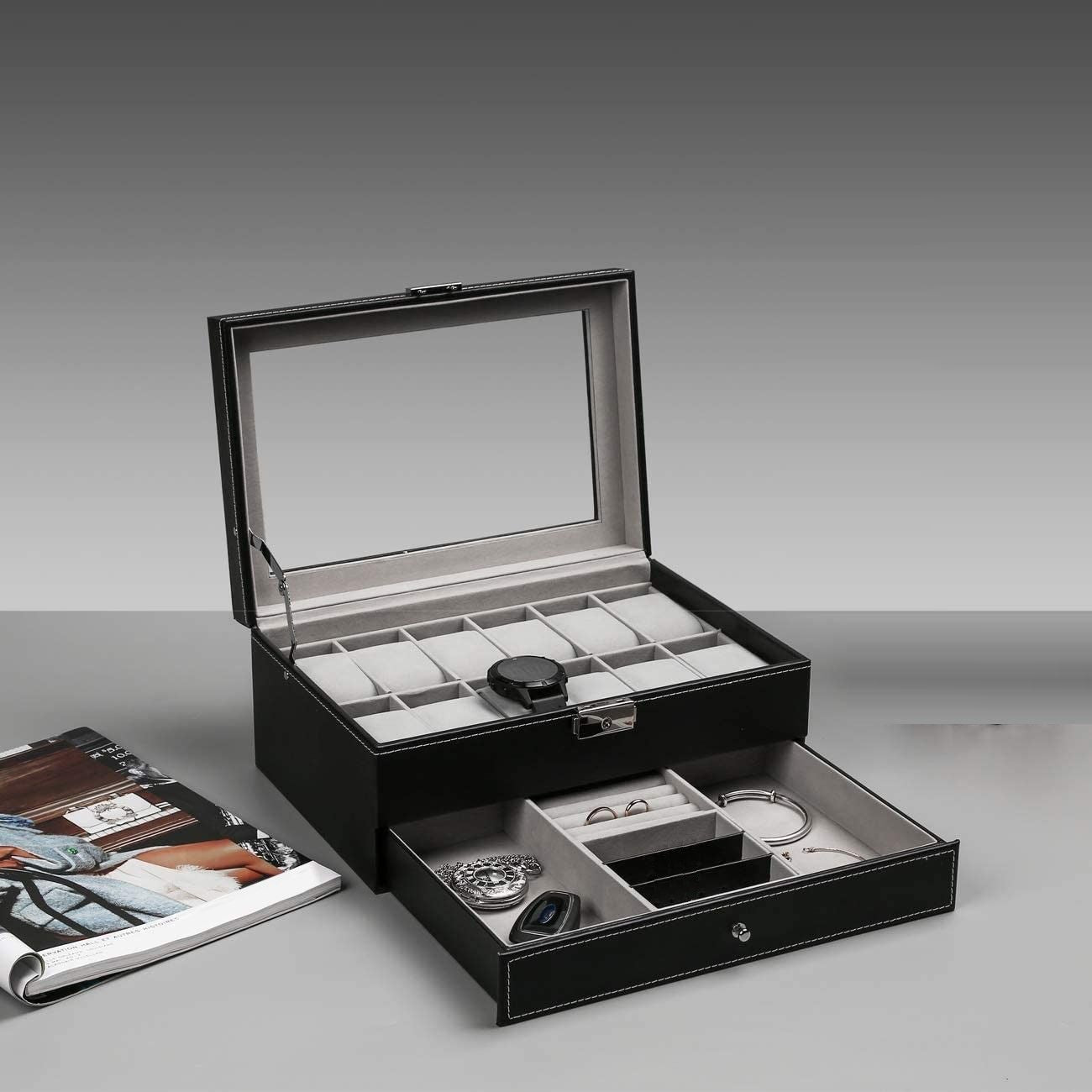 12-slot-pu-leather-lockable-watch-and-jewelry-storage-boxes-black at www.mallsonline.com.au