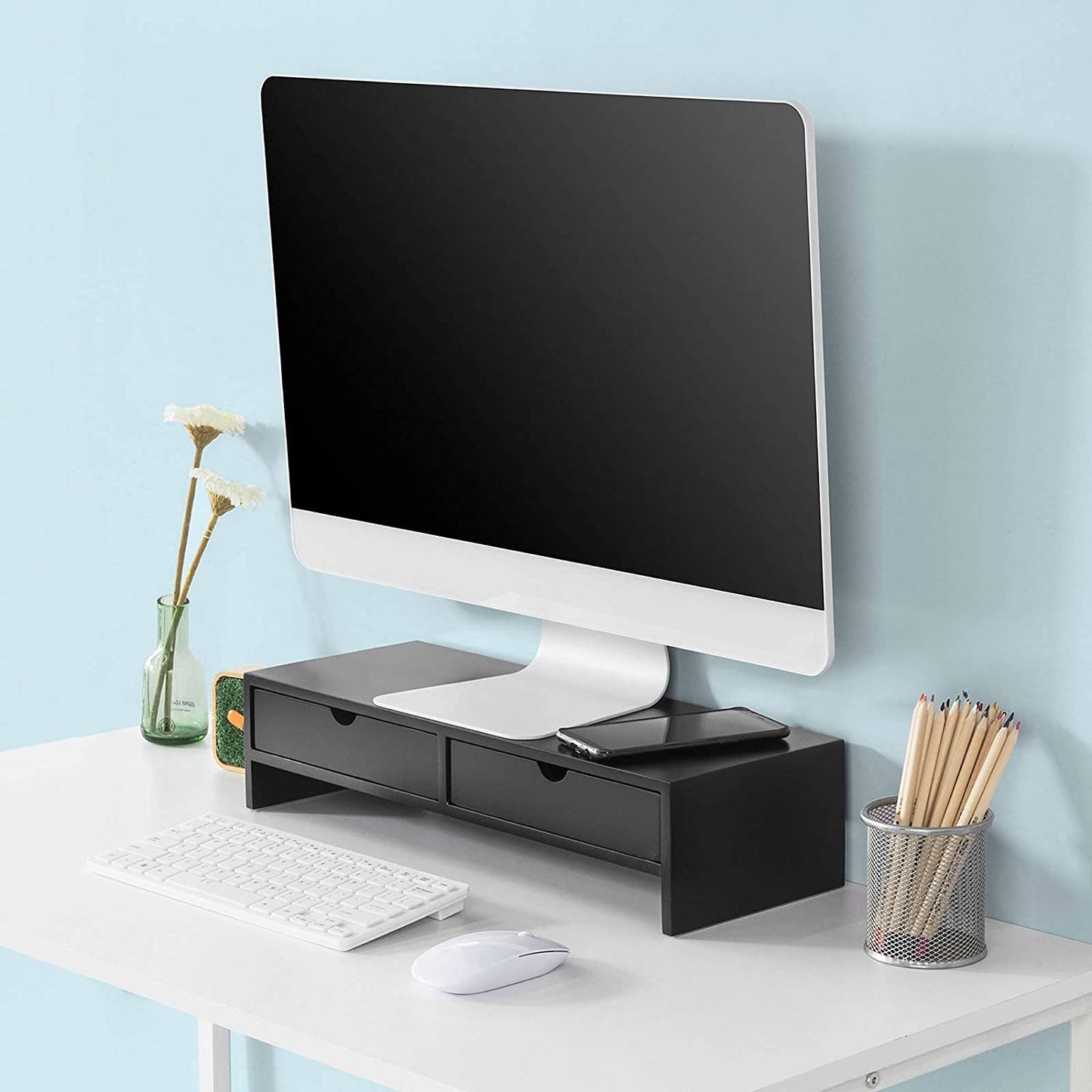 black-monitor-stand-desk-organizer-with-2-drawers at www.mallsonline.com.au