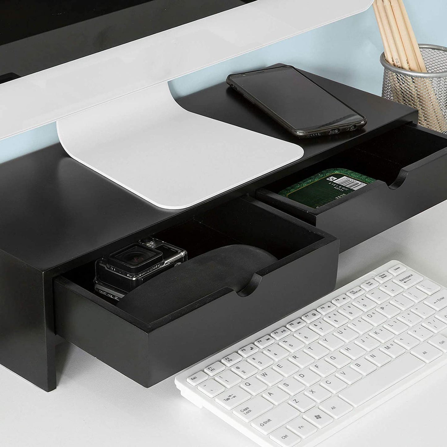 black-monitor-stand-desk-organizer-with-2-drawers at www.mallsonline.com.au