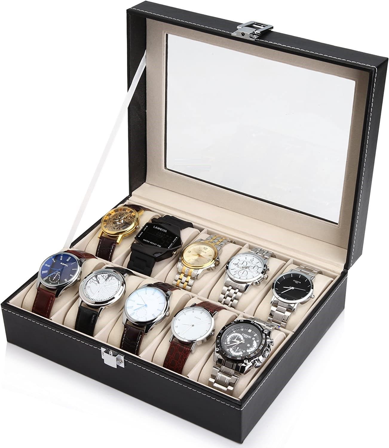 black-pu-leather-watch-organizer-display-storage-box-cases-for-men-women-10-slots www.mallsonline.com.au