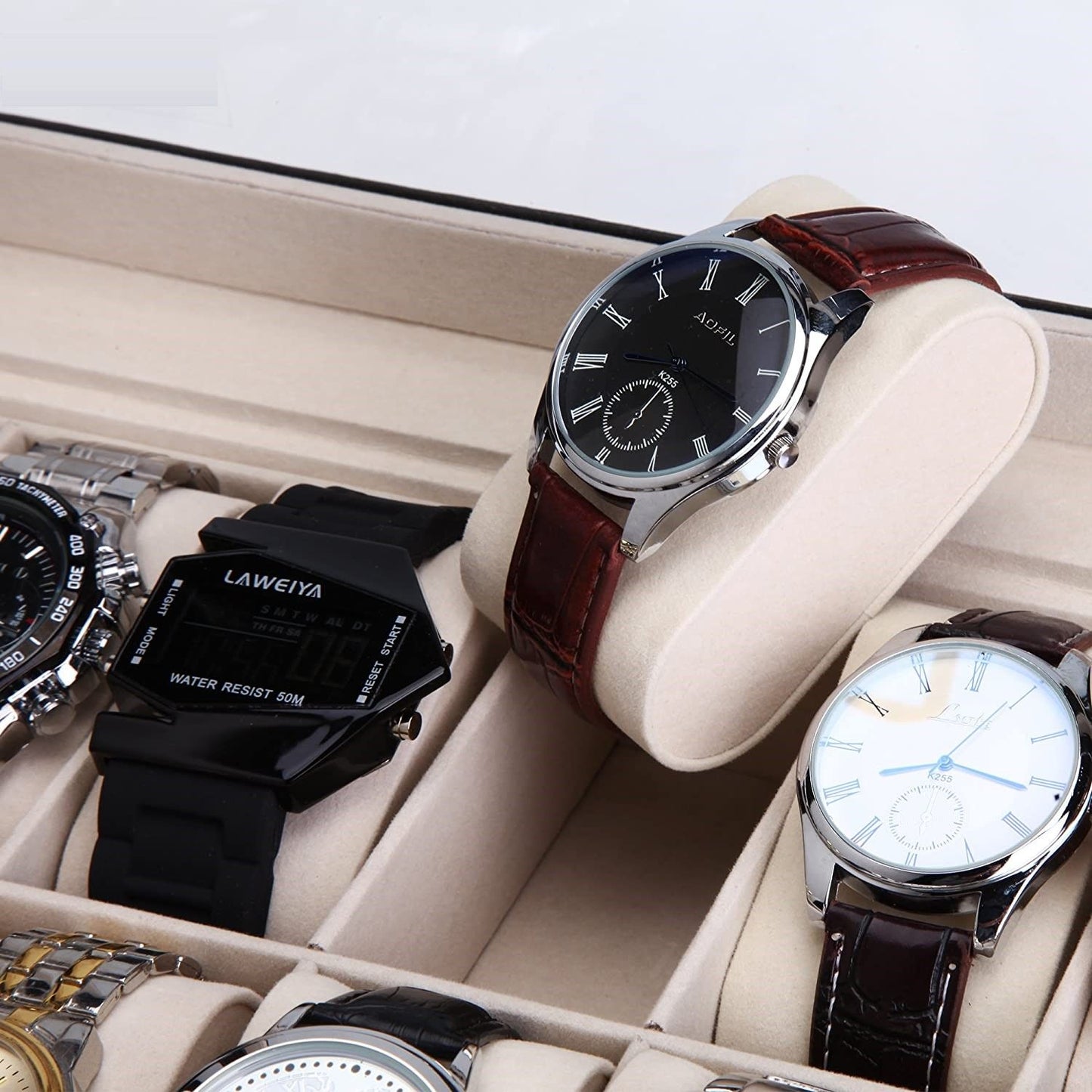 black-pu-leather-watch-organizer-display-storage-box-cases-for-men-women-12-slots www.mallsonline.com.au