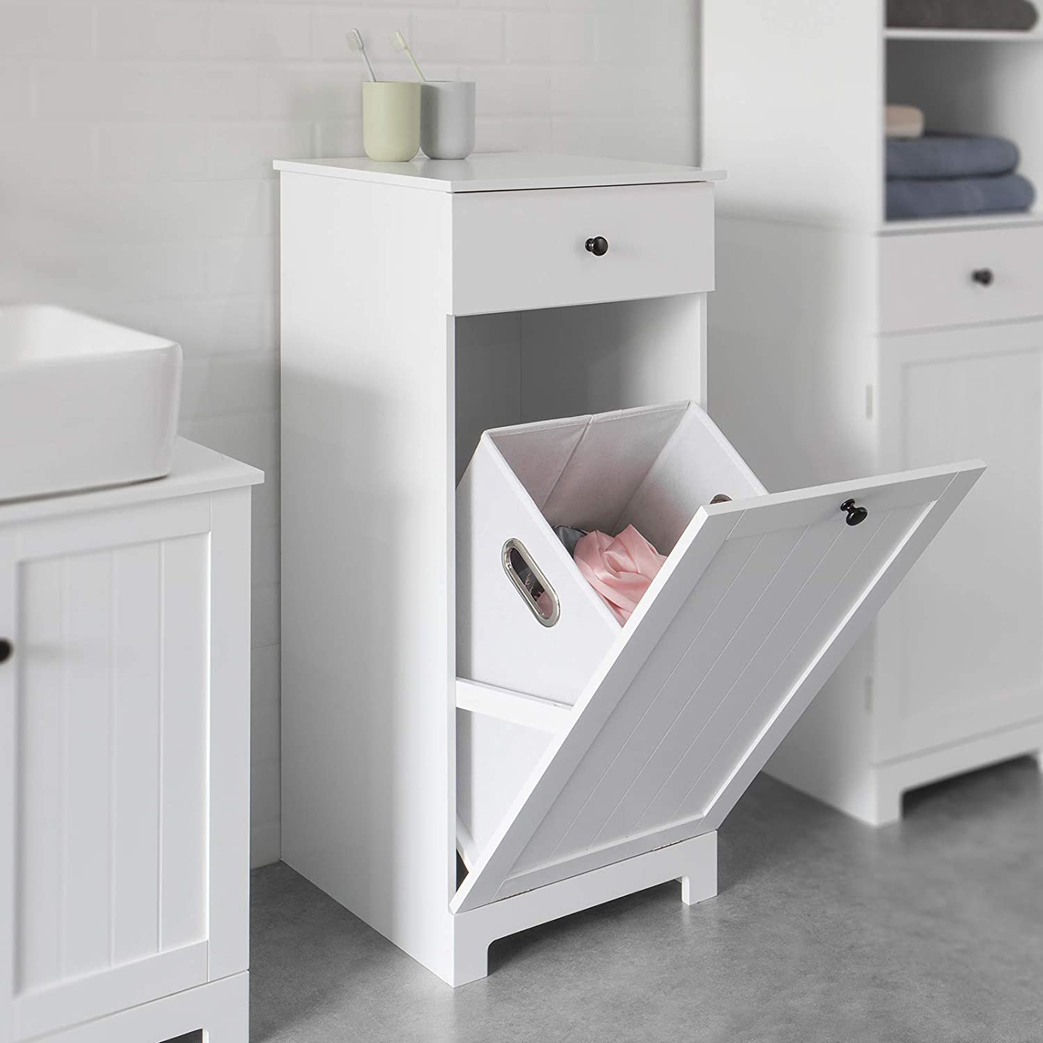 white-bathroom-cabinet-with-laundry-basket-and-drawer www.mallsonline.com.au