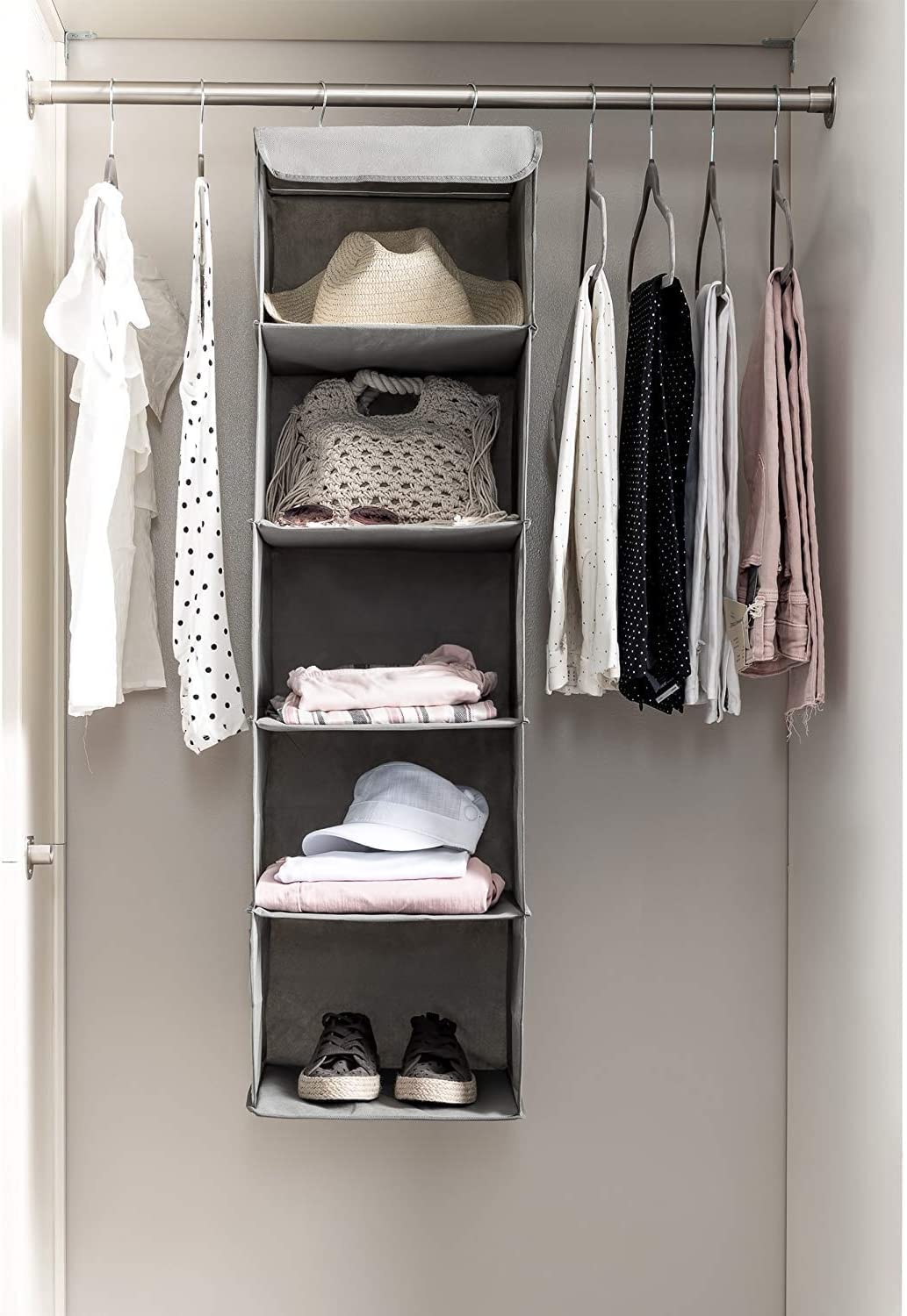 2-pack-5-foldable-shelf-hanging-closet-organizer-space-saver-with-side-accessories-pockets-for-clothes-storage www.mallsonline.com.au