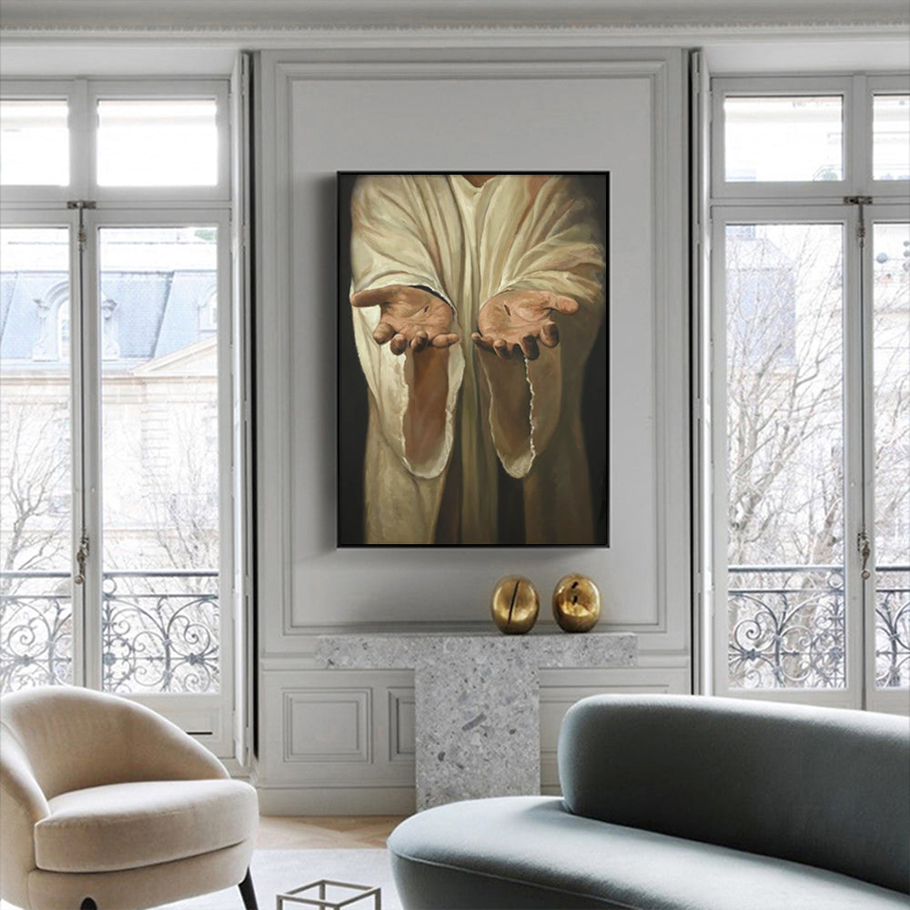 50cmx70cm-jesus-nail-hand-black-frame-canvas-wall-art www.mallsonline.com.au