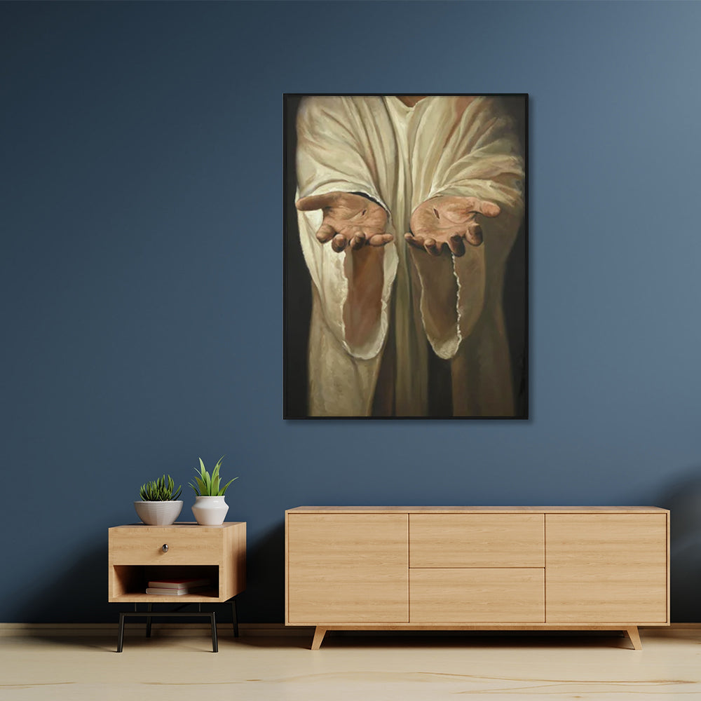 50cmx70cm-jesus-nail-hand-black-frame-canvas-wall-art www.mallsonline.com.au