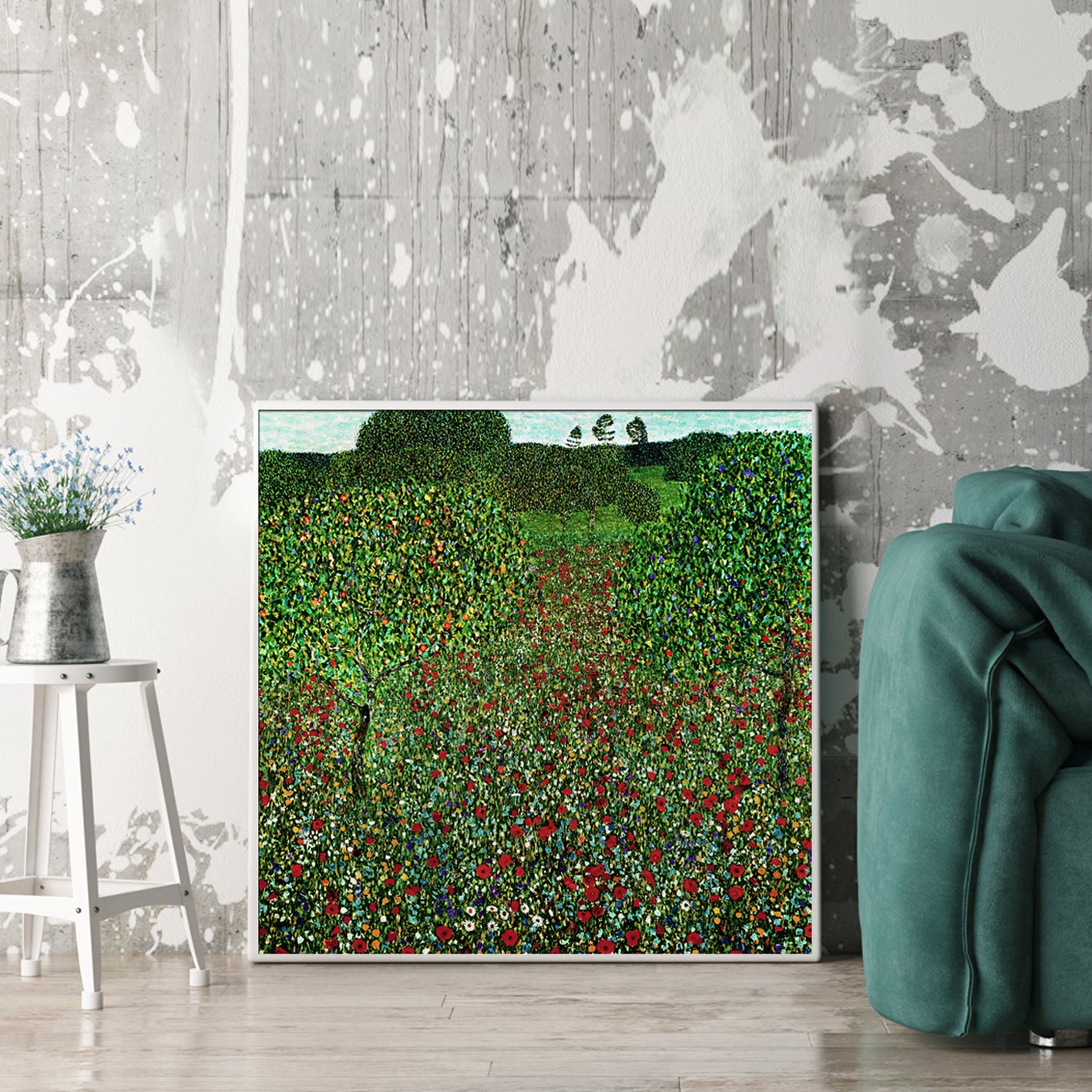 50cmx50cm-field-of-poppies-by-gustav-klimt-white-frame-canvas-wall-art-1 at www.mallsonline.com.au