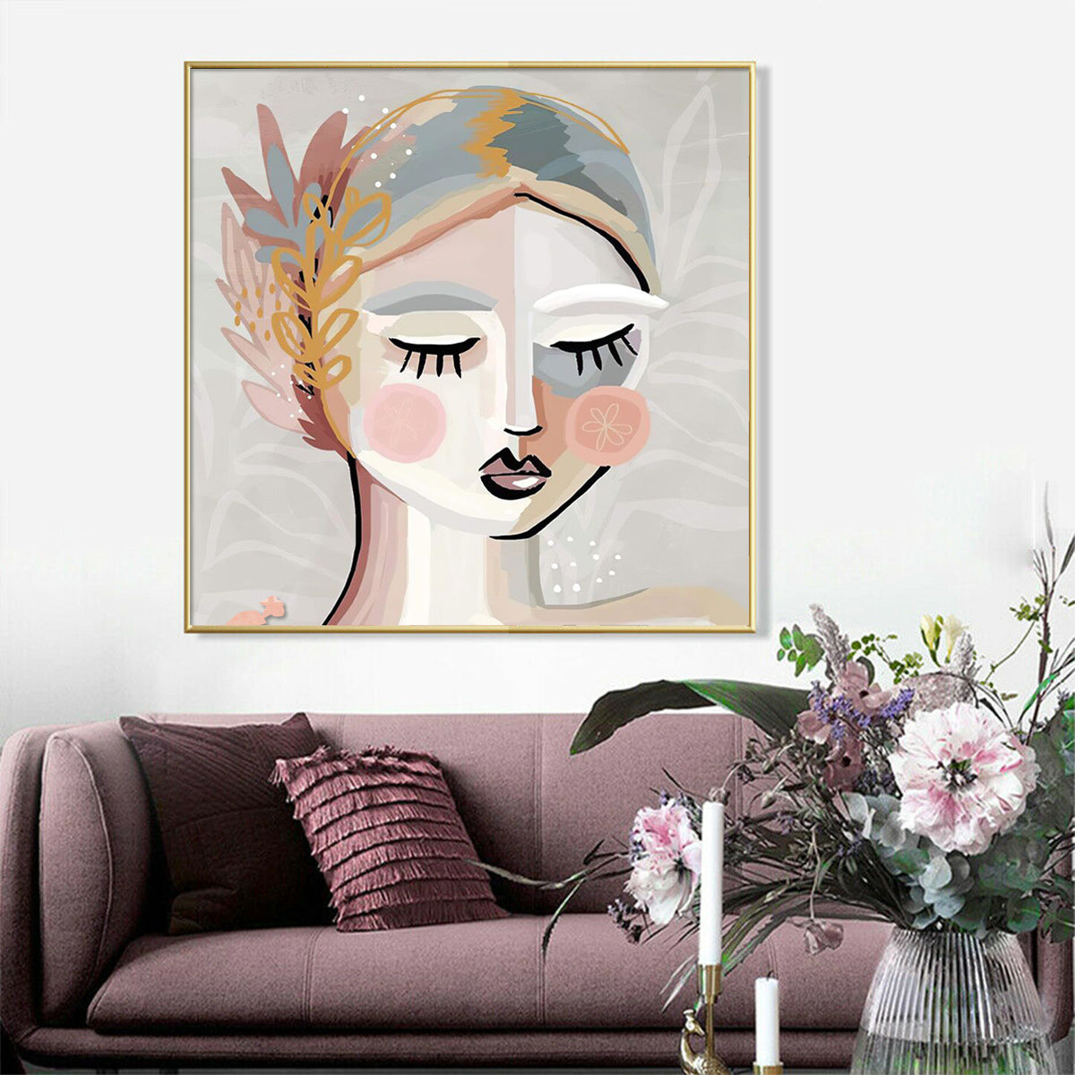 50cmx50cm-calm-girl-gold-frame-canvas-wall-art www.mallsonline.com.au
