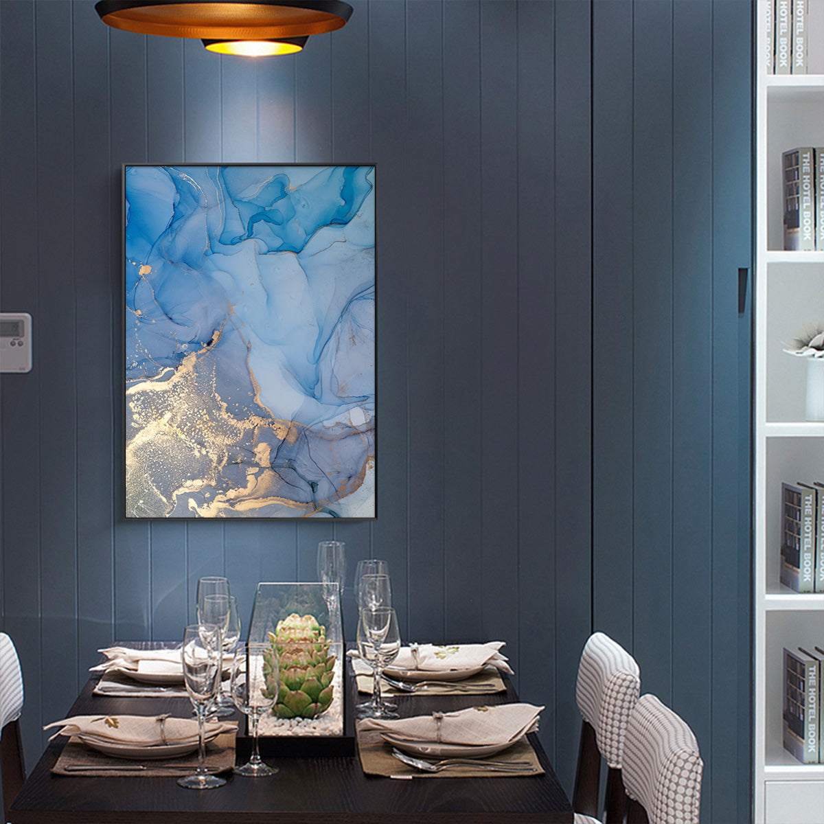 50cmx70cm-light-blue-marble-with-gold-splash-black-frame-canvas-wall-art www.mallsonline.com.au