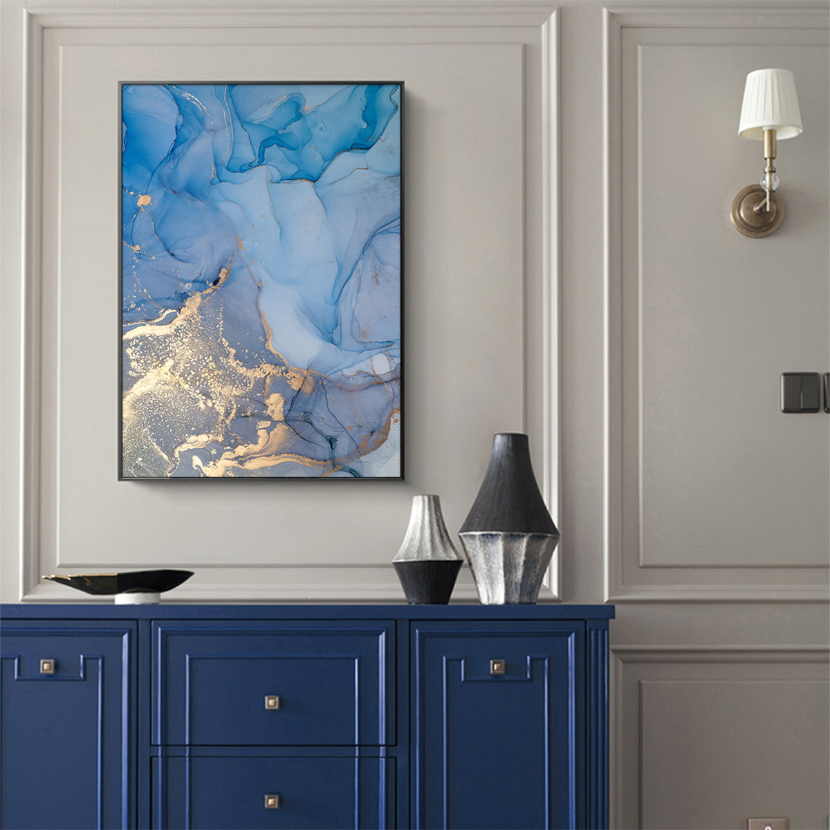 60cmx90cm-light-blue-marble-with-gold-splash-black-frame-canvas-wall-art www.mallsonline.com.au