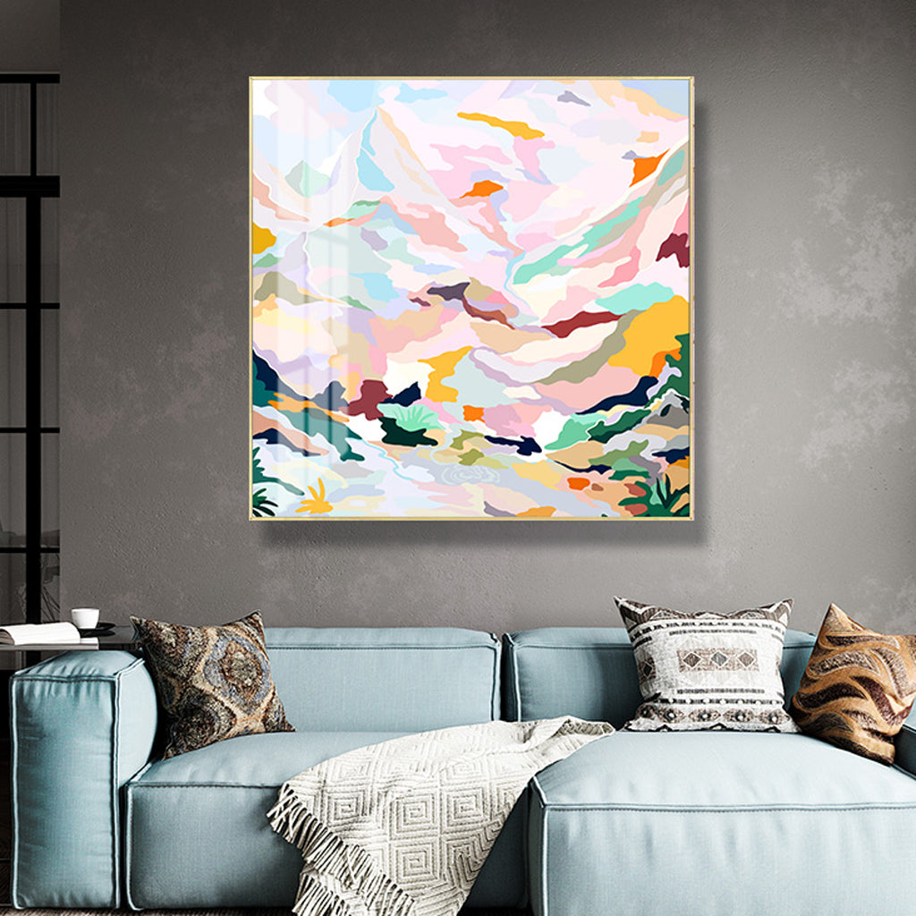 80cmx80cm-abstract-pink-mountain-hand-painted-style-gold-frame-canvas-wall-art www.mallsonline.com.au