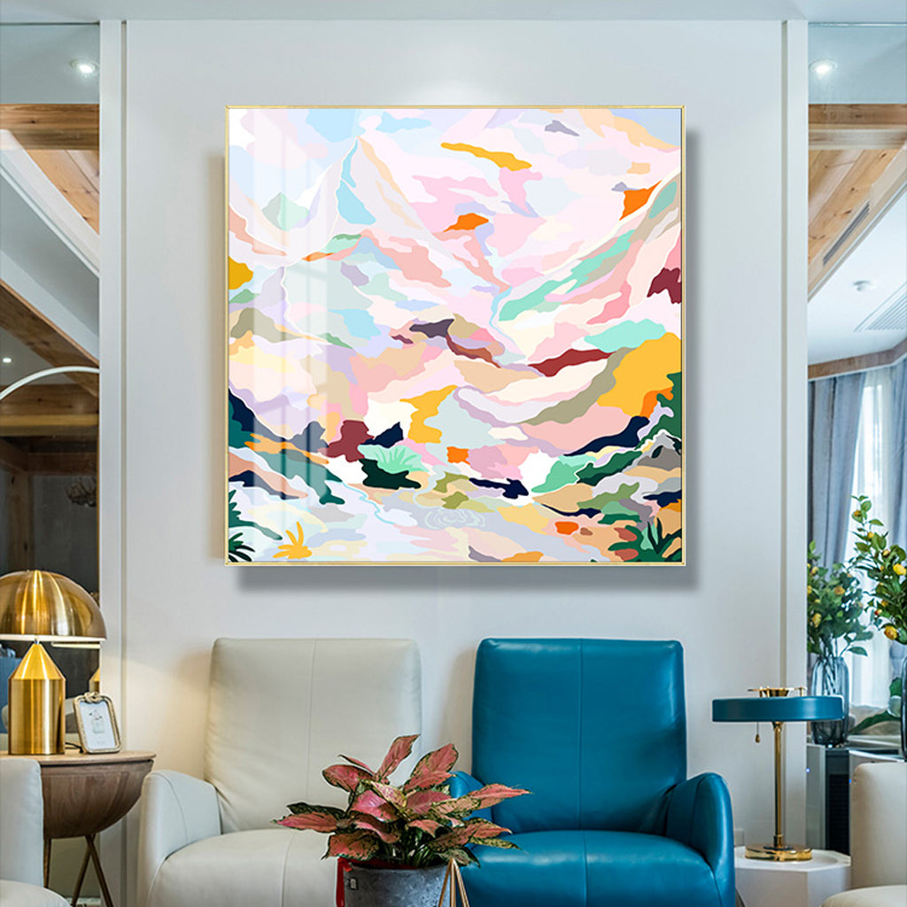 80cmx80cm-abstract-pink-mountain-hand-painted-style-gold-frame-canvas-wall-art www.mallsonline.com.au