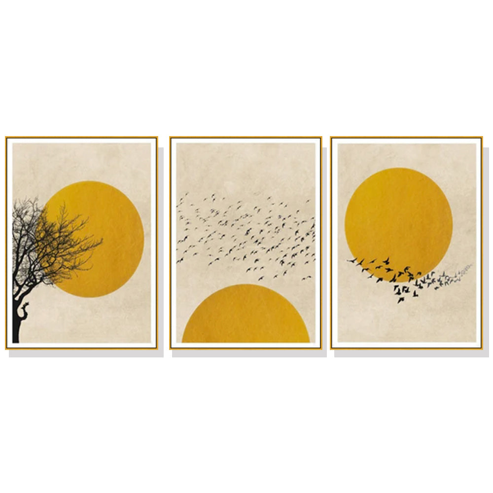 50cmx70cm-flock-of-birds-sun-silhouette-3-sets-gold-frame-canvas-wall-art www.mallsonline.com.au