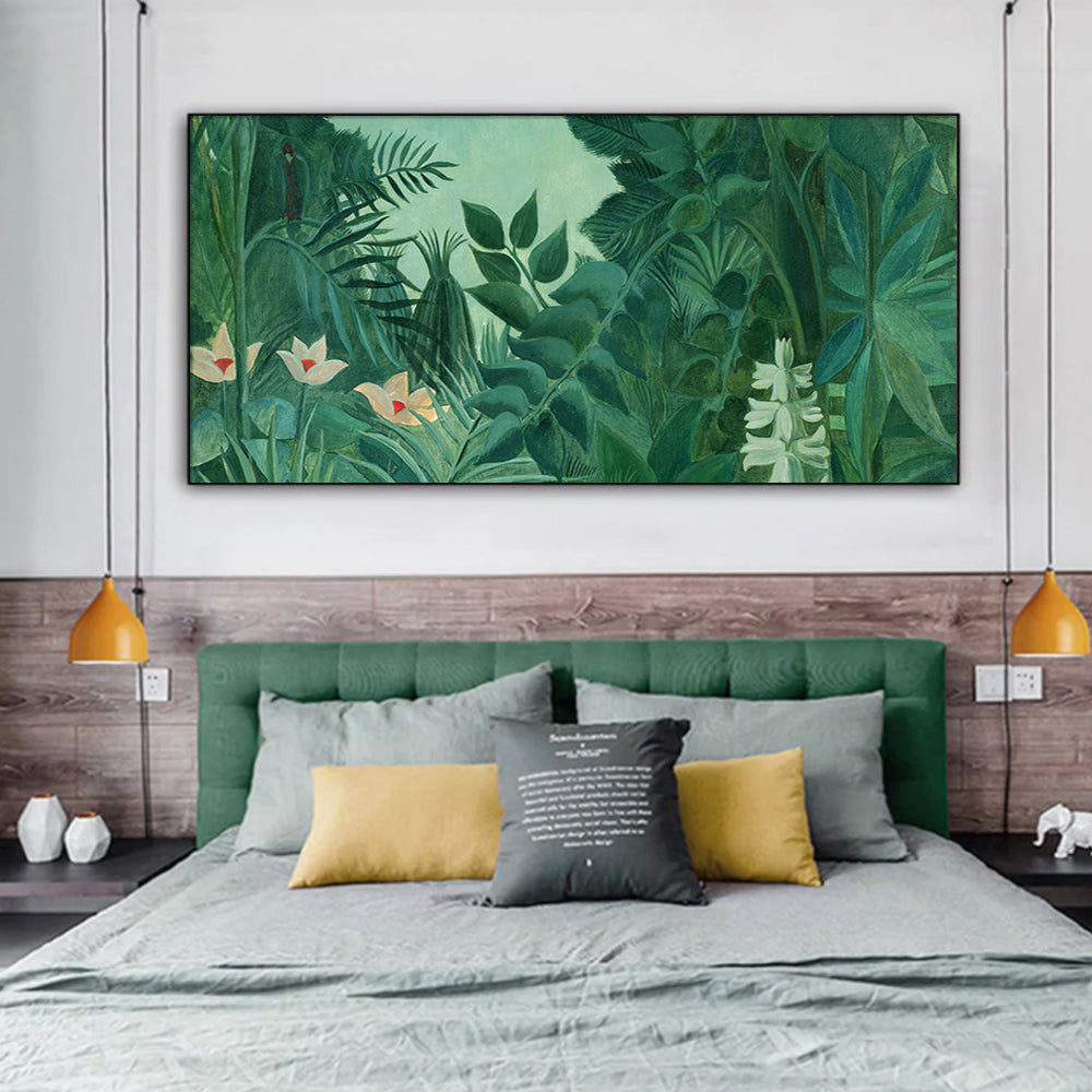 40cmx80cm-the-equatorial-jungle-green-forest-by-henri-rousseau-black-frame-canvas-wall-art www.mallsonline.com.au
