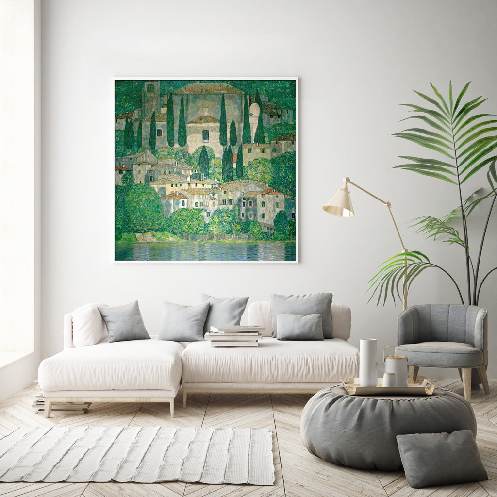 50cmx50cm-kirche-in-cassone-by-gustav-klimt-white-frame-canvas-wall-art at www.mallsonline.com.au
