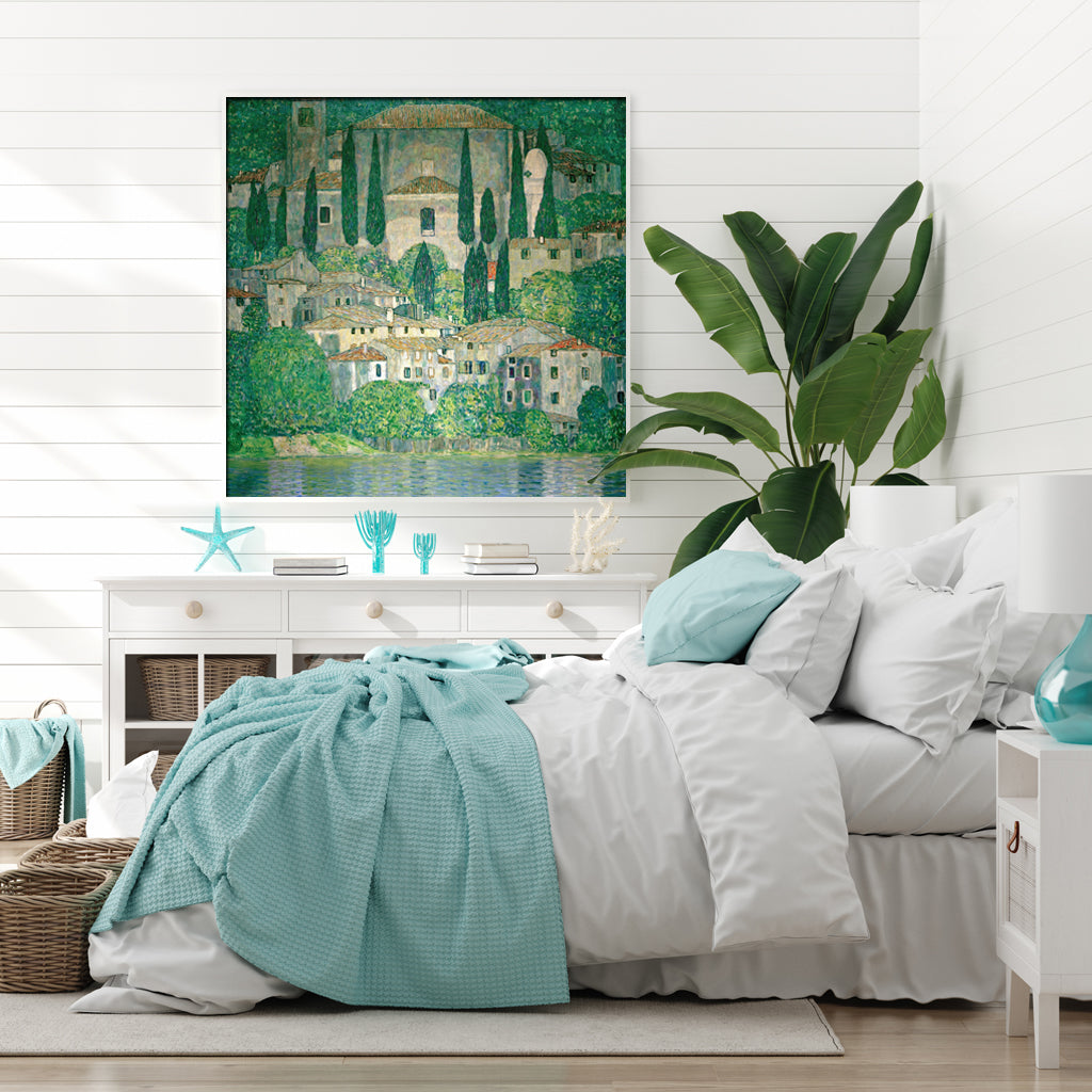 50cmx50cm-kirche-in-cassone-by-gustav-klimt-white-frame-canvas-wall-art at www.mallsonline.com.au