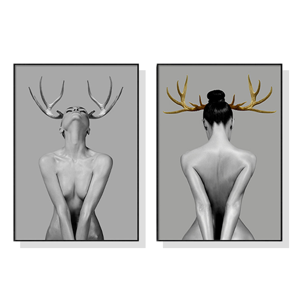 50cmx70cm-girl-with-gold-horn-2-sets-black-frame-canvas-wall-art www.mallsonline.com.au
