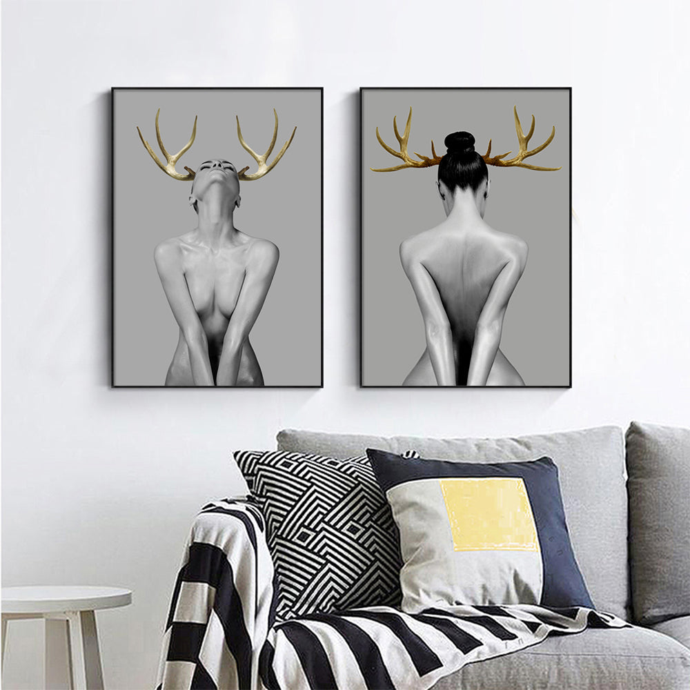 50cmx70cm-girl-with-gold-horn-2-sets-black-frame-canvas-wall-art www.mallsonline.com.au