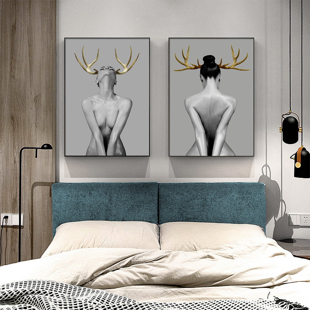 50cmx70cm-girl-with-gold-horn-2-sets-black-frame-canvas-wall-art www.mallsonline.com.au