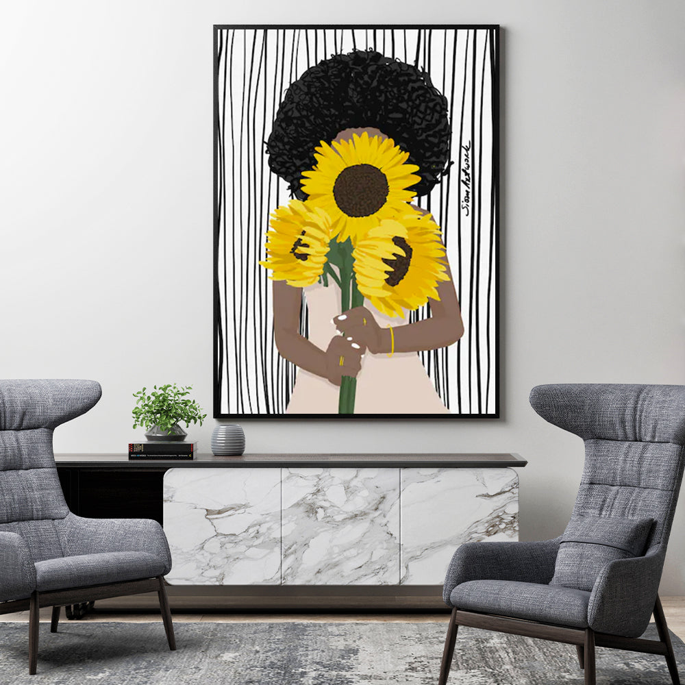 50cmx70cm-african-woman-sunflower-black-frame-canvas-wall-art www.mallsonline.com.au
