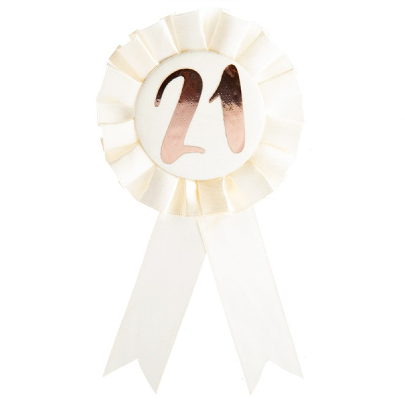 21st-birthday-rose-gold-on-white-rosette-badge www.mallsonline.com.au