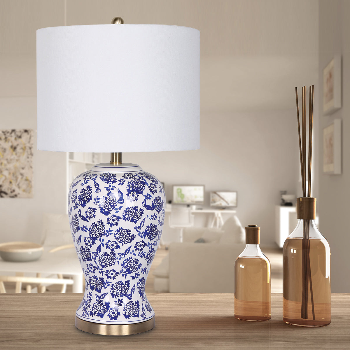sarantino-table-lamp-ceramic-floral-base-cotton-drum-shade www.mallsonline.com.au