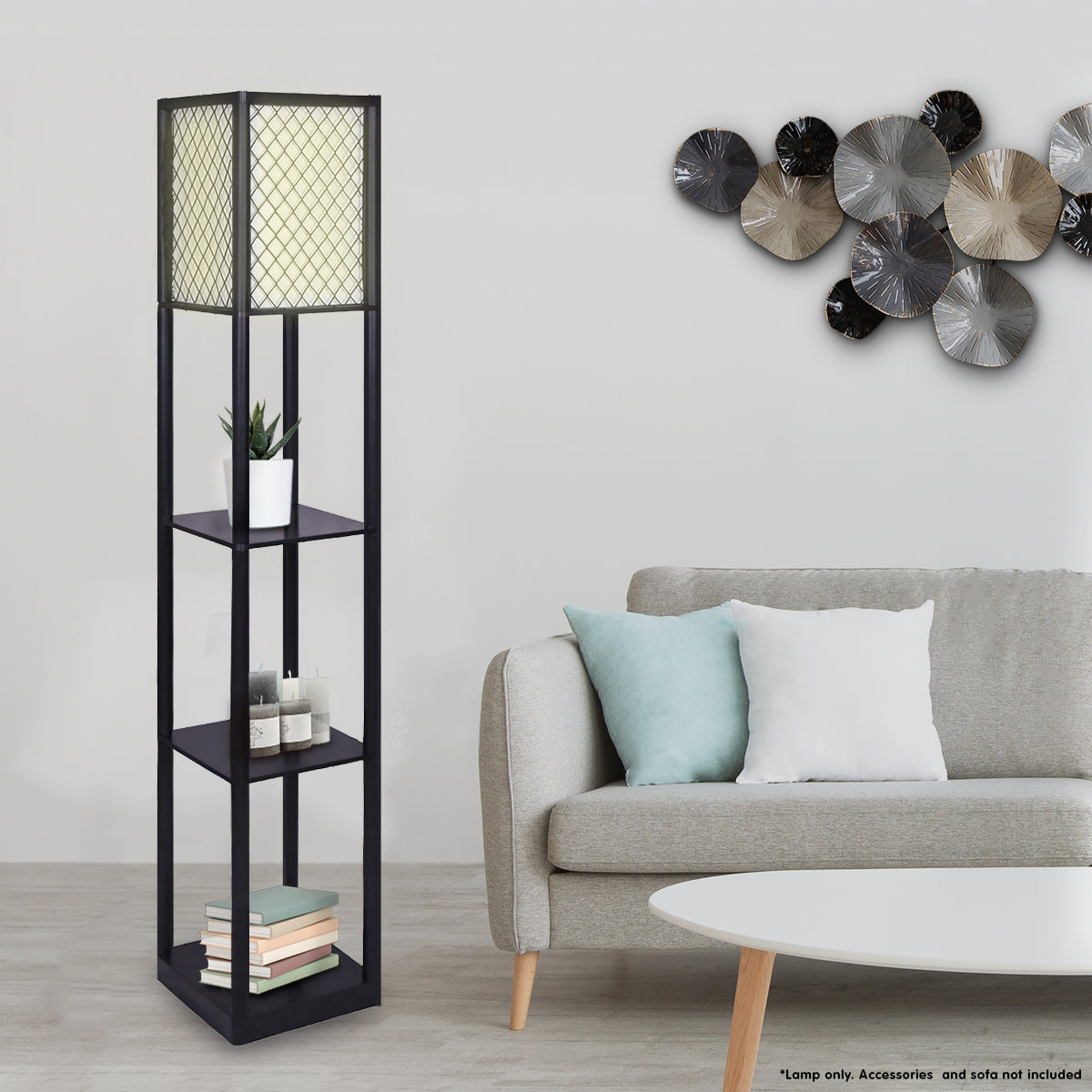 sarantino-etagere-floor-lamp-diamond-look-fabric-shade-shelves-black www.mallsonline.com.au