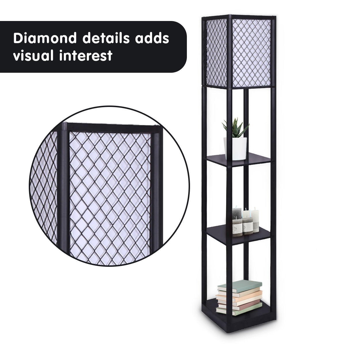 sarantino-etagere-floor-lamp-diamond-look-fabric-shade-shelves-black www.mallsonline.com.au