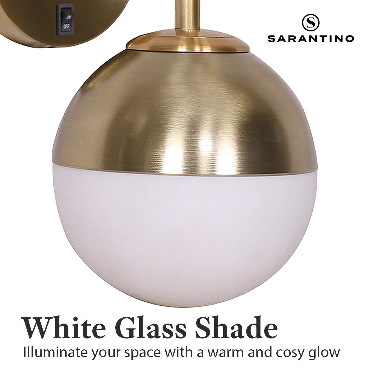 sarantino-wall-lamp-with-gold-metal-base-and-white-glass-shade www.mallsonline.com.au