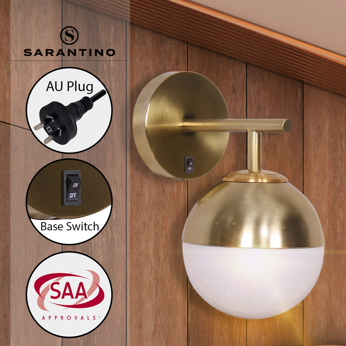 sarantino-wall-lamp-with-gold-metal-base-and-white-glass-shade www.mallsonline.com.au