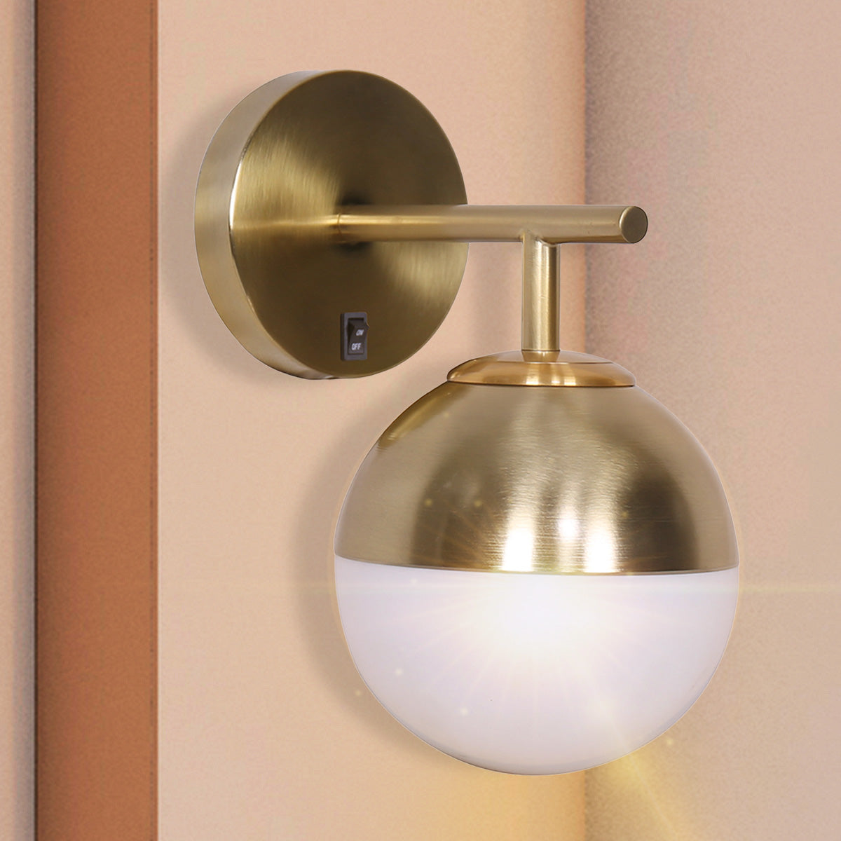 sarantino-wall-lamp-with-gold-metal-base-and-white-glass-shade www.mallsonline.com.au
