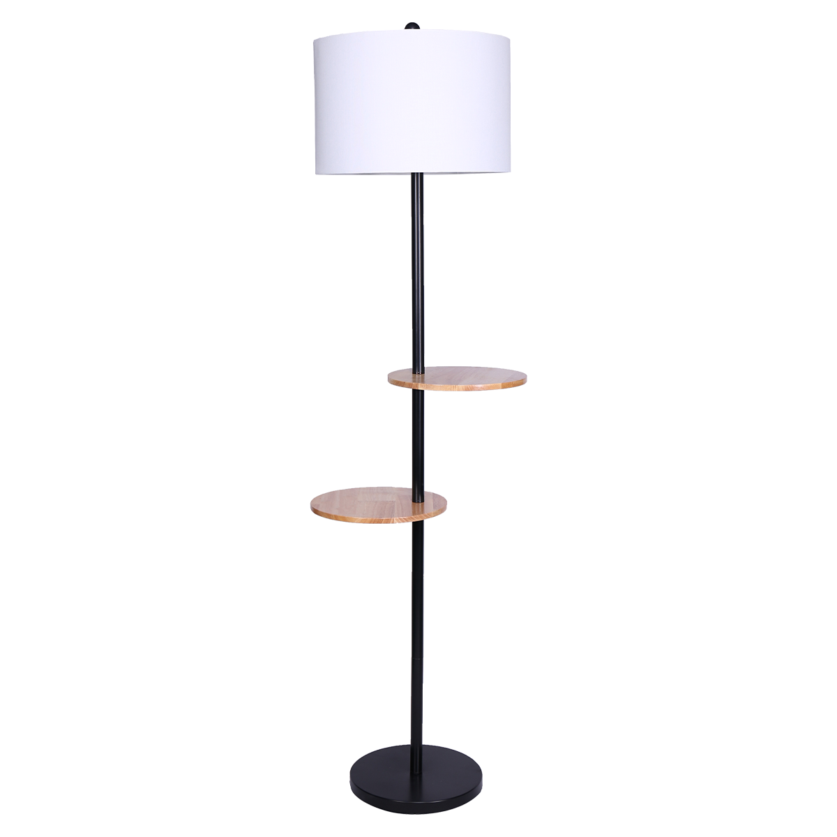 sarantino-metal-floor-lamp-shade-with-black-post-in-round-wood-shelves www.mallsonline.com.au