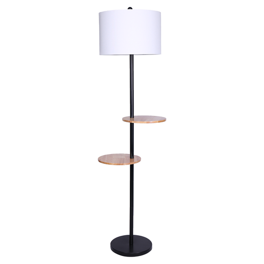 sarantino-metal-floor-lamp-shade-with-black-post-in-round-wood-shelves www.mallsonline.com.au